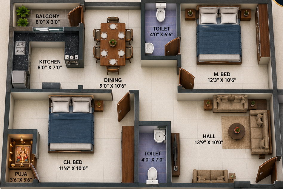 2 BHK 1030 SFT Floor Plan